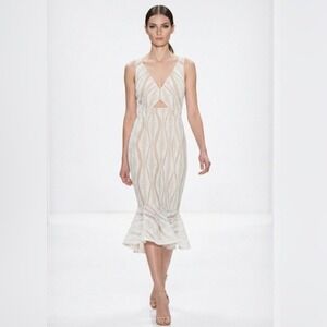 White Leaf Embroidered V-Neck Mermaid Midi Dress Beige Lining Cutout Sleeveless